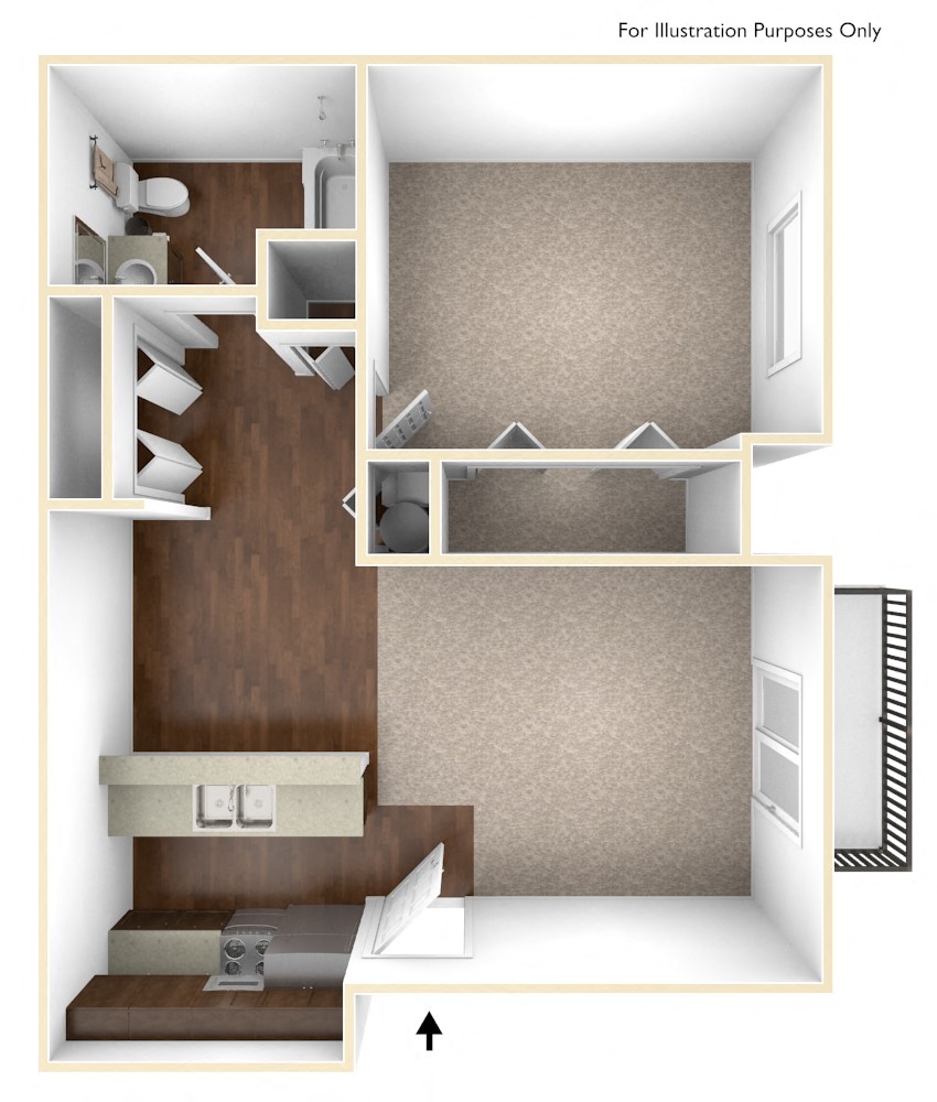 Floor plan for 1 bed, 1 bath, 650 sqft